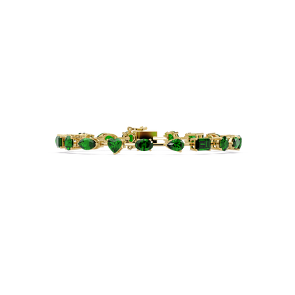 Mixed-shape green colorstone tennis bracelet in yellow gold