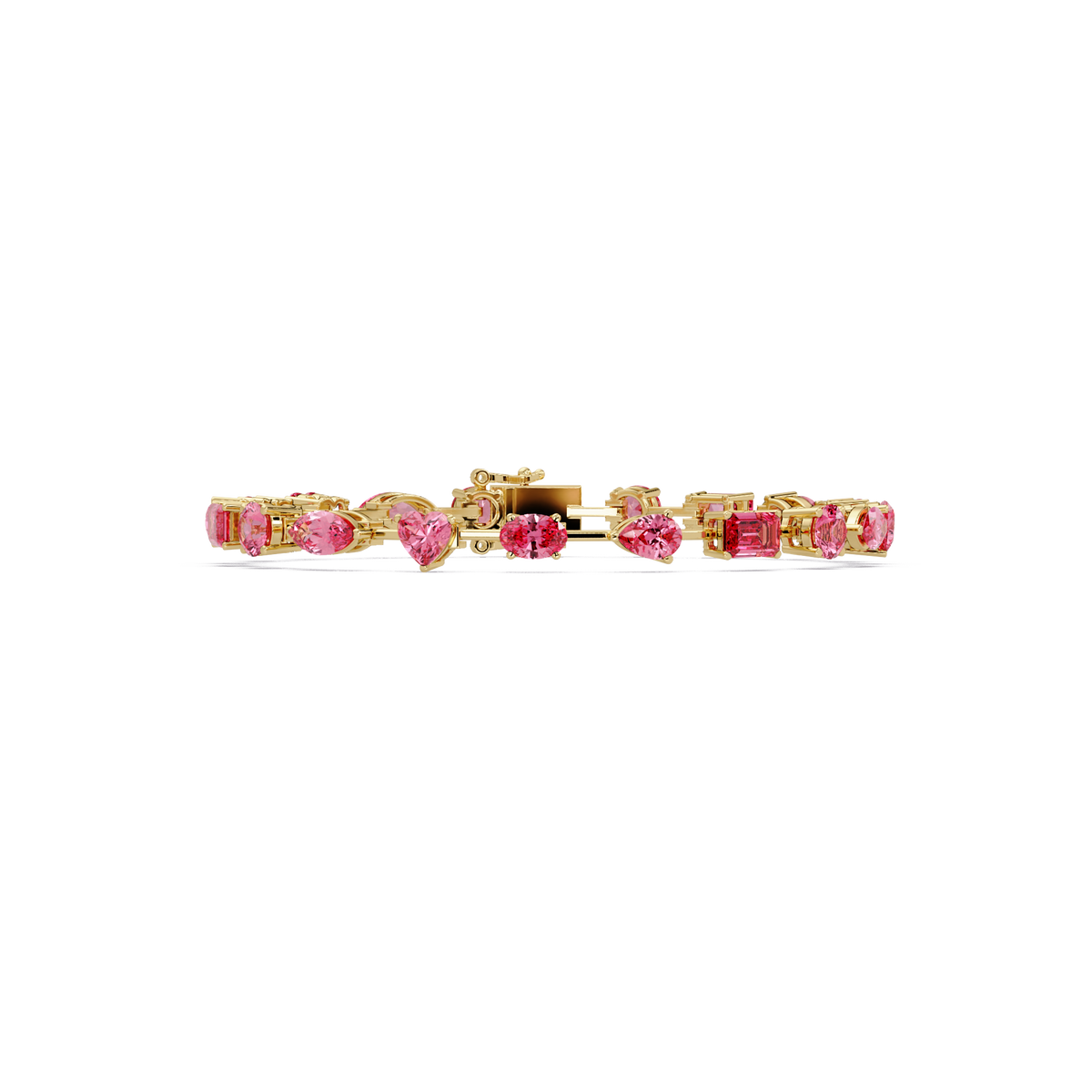 Mixed-shape pink colorstone tennis bracelet in yellow gold