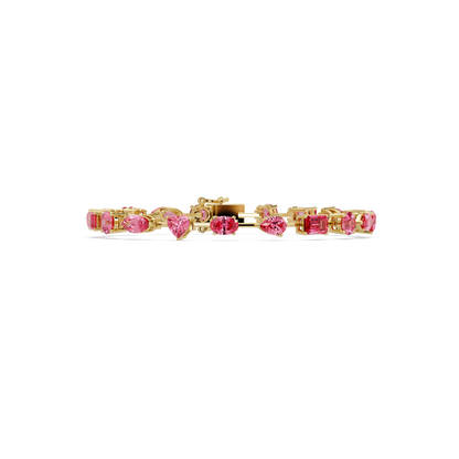 Mixed-shape pink colorstone tennis bracelet in yellow gold