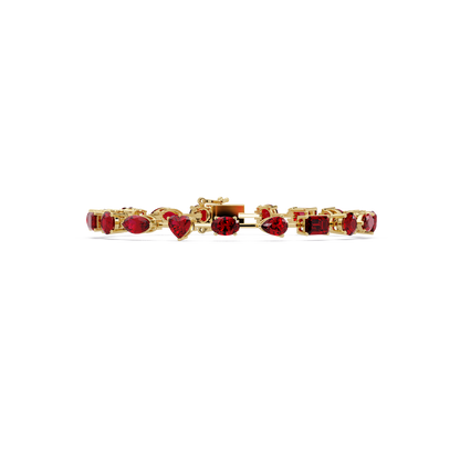 Mixed-shape red colorstone tennis bracelet in yellow gold