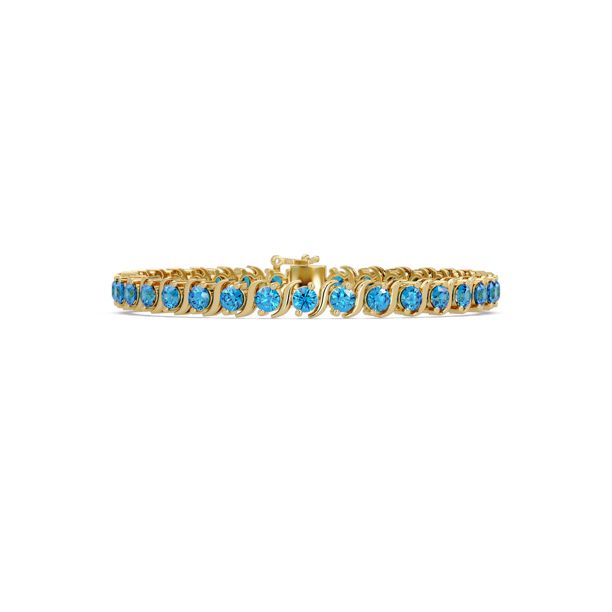 Round aquamarine colorstone tennis bracelet in yellow gold
