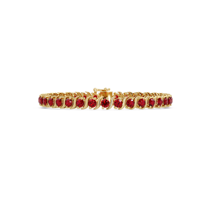 Round red colorstone tennis bracelet in yellow gold