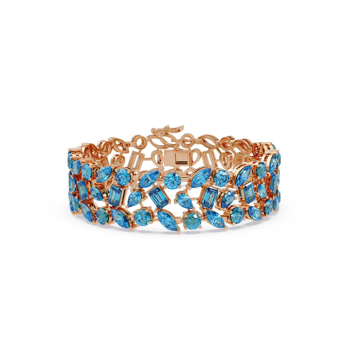 Mixed-shape aquamarine blue colorstone tennis bracelet in rose gold