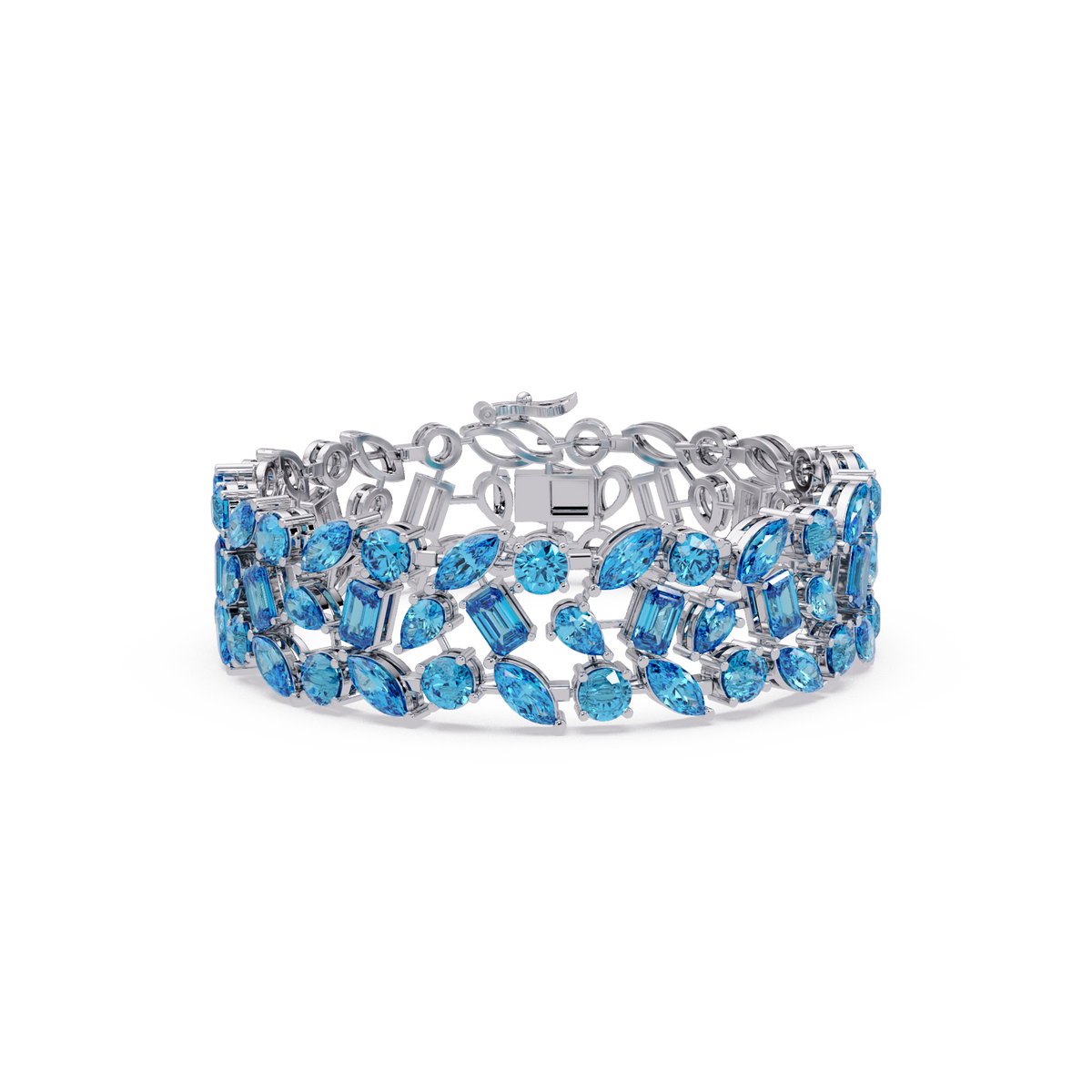 Mixed-shape aquamarine blue colorstone tennis bracelet in white gold