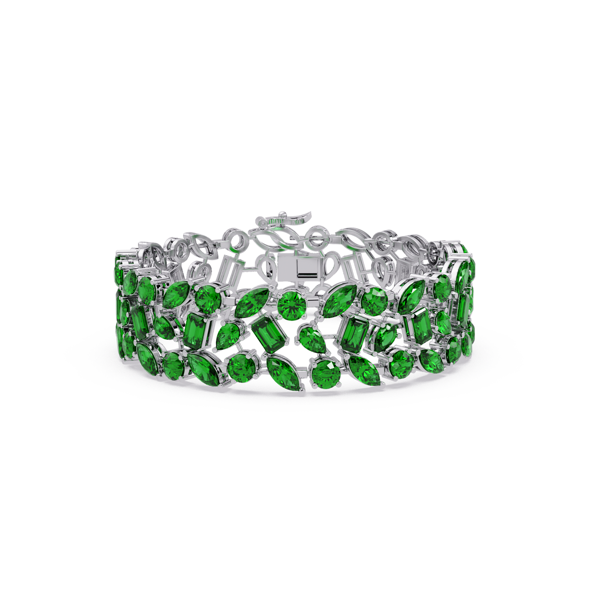 Mixed-shape emerald green colorstone tennis bracelet in white gold