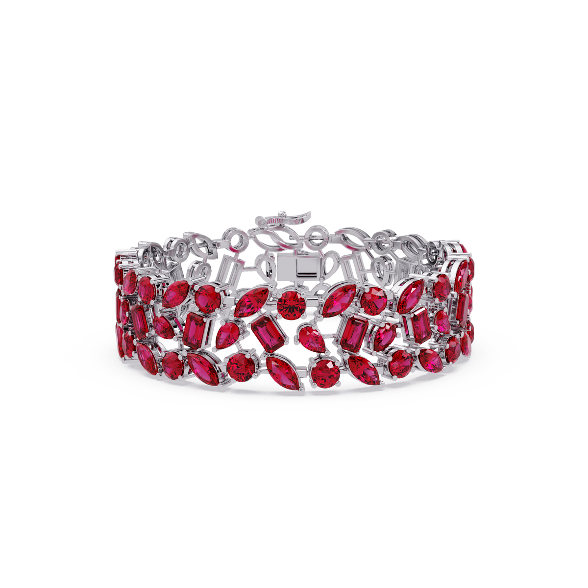 Mixed-shape ruby red colorstone tennis bracelet in white gold