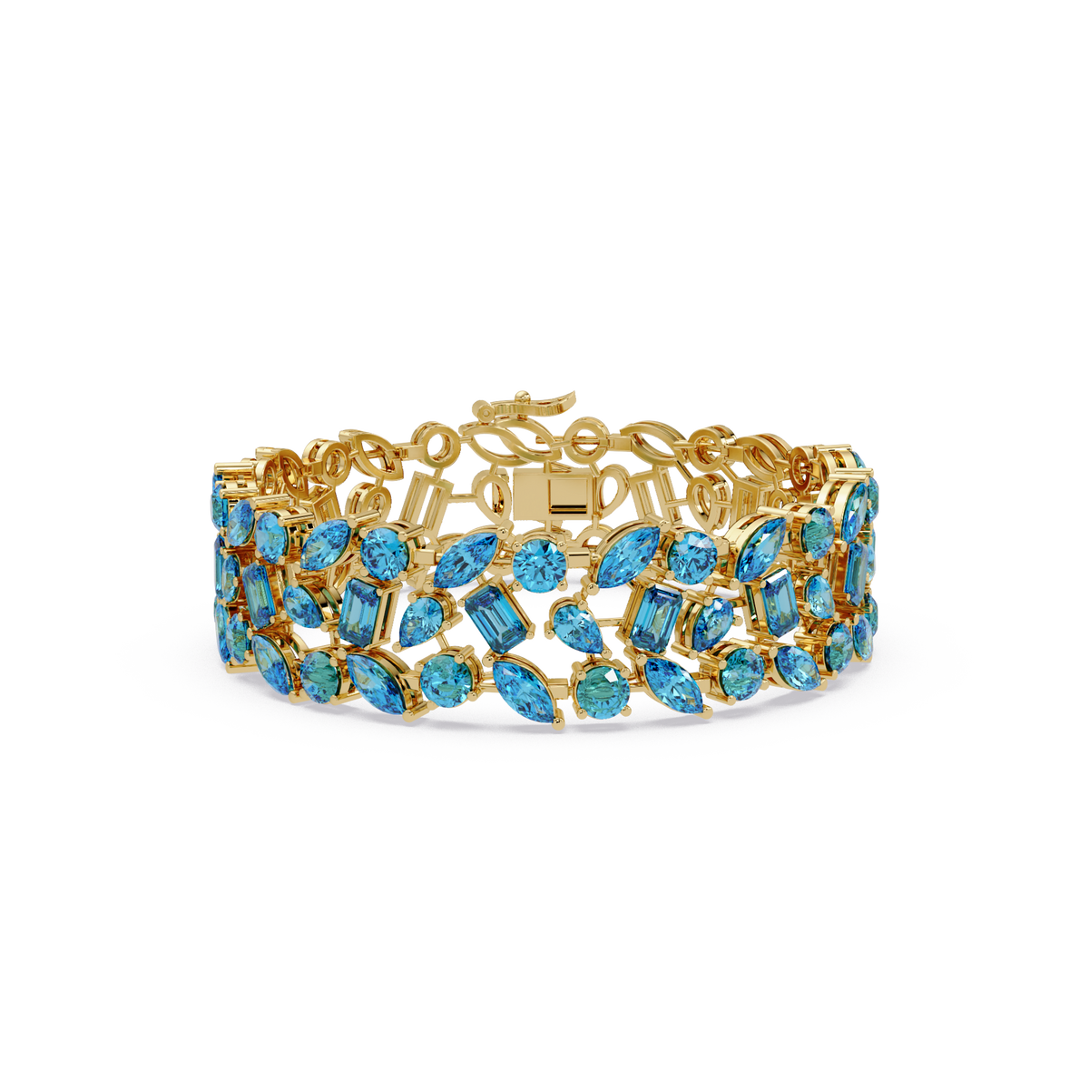 Mixed-shape aquamarine blue colorstone tennis bracelet in yellow gold