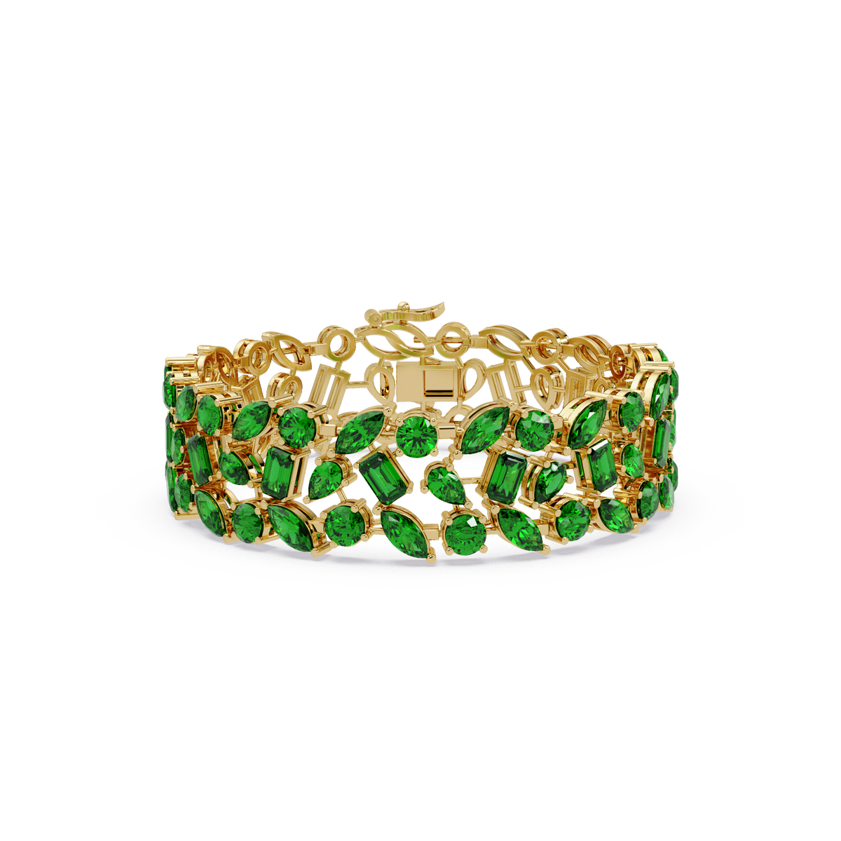Mixed-shape emerald green colorstone tennis bracelet in yellow gold