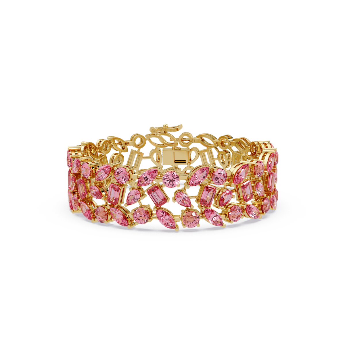 Mixed-shape tourmaline pink colorstone tennis bracelet in yellow gold