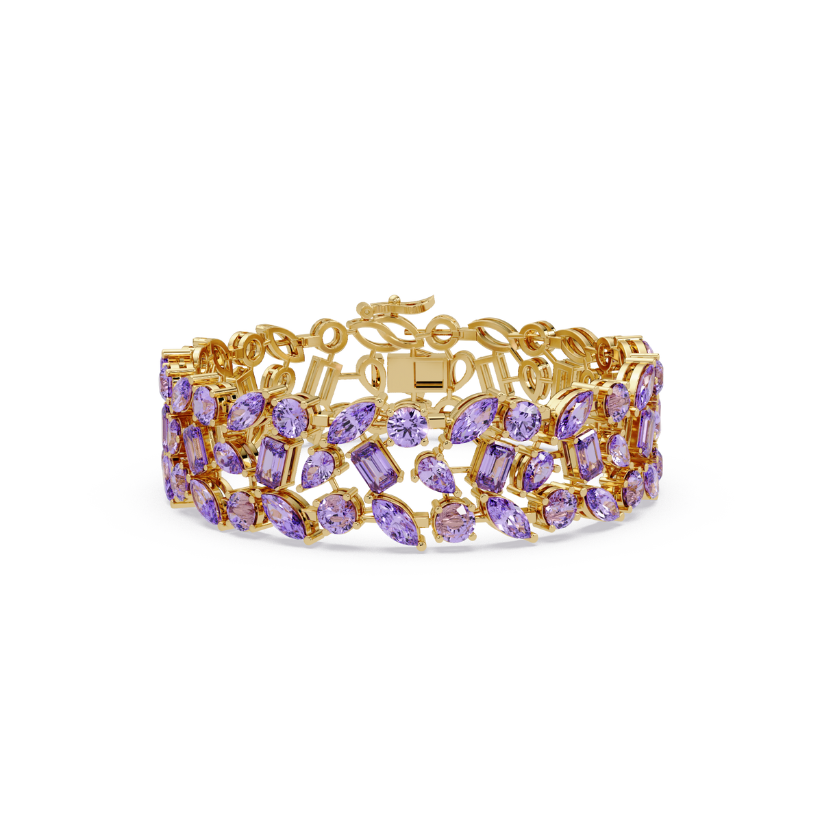 Mixed-shape amethyst purple colorstone tennis bracelet in yellow gold