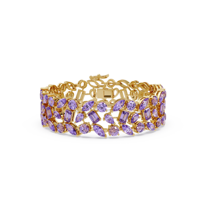 Mixed-shape amethyst purple colorstone tennis bracelet in yellow gold