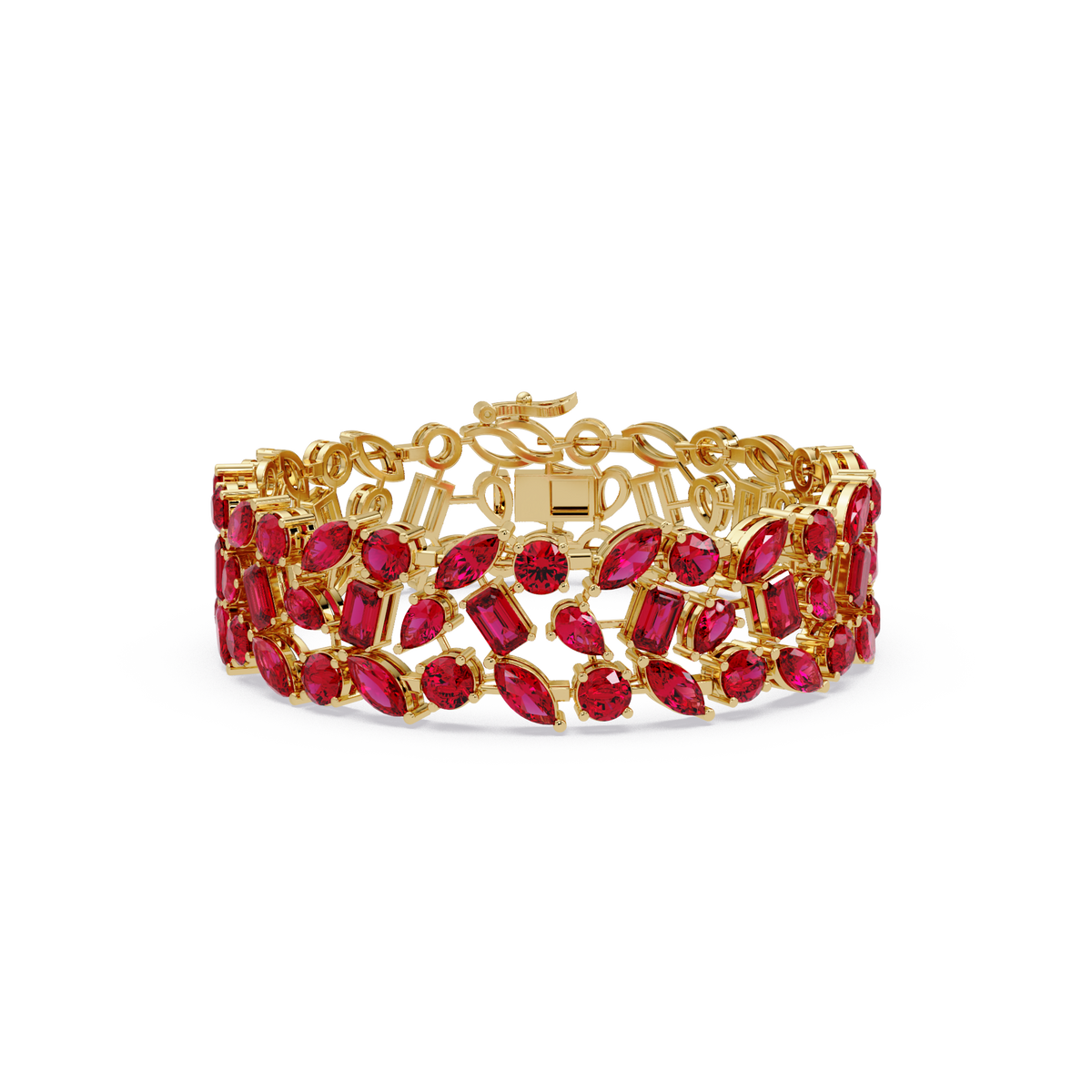 Mixed-shape ruby red colorstone tennis bracelet in yellow gold