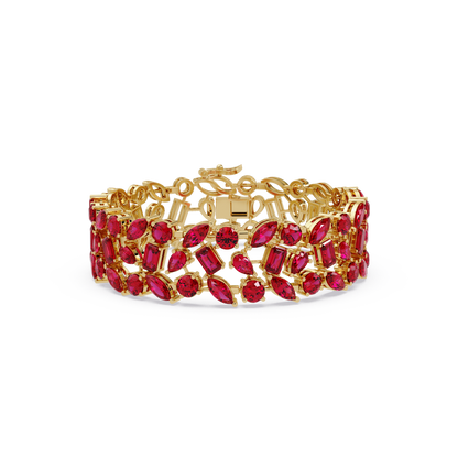 Mixed-shape ruby red colorstone tennis bracelet in yellow gold
