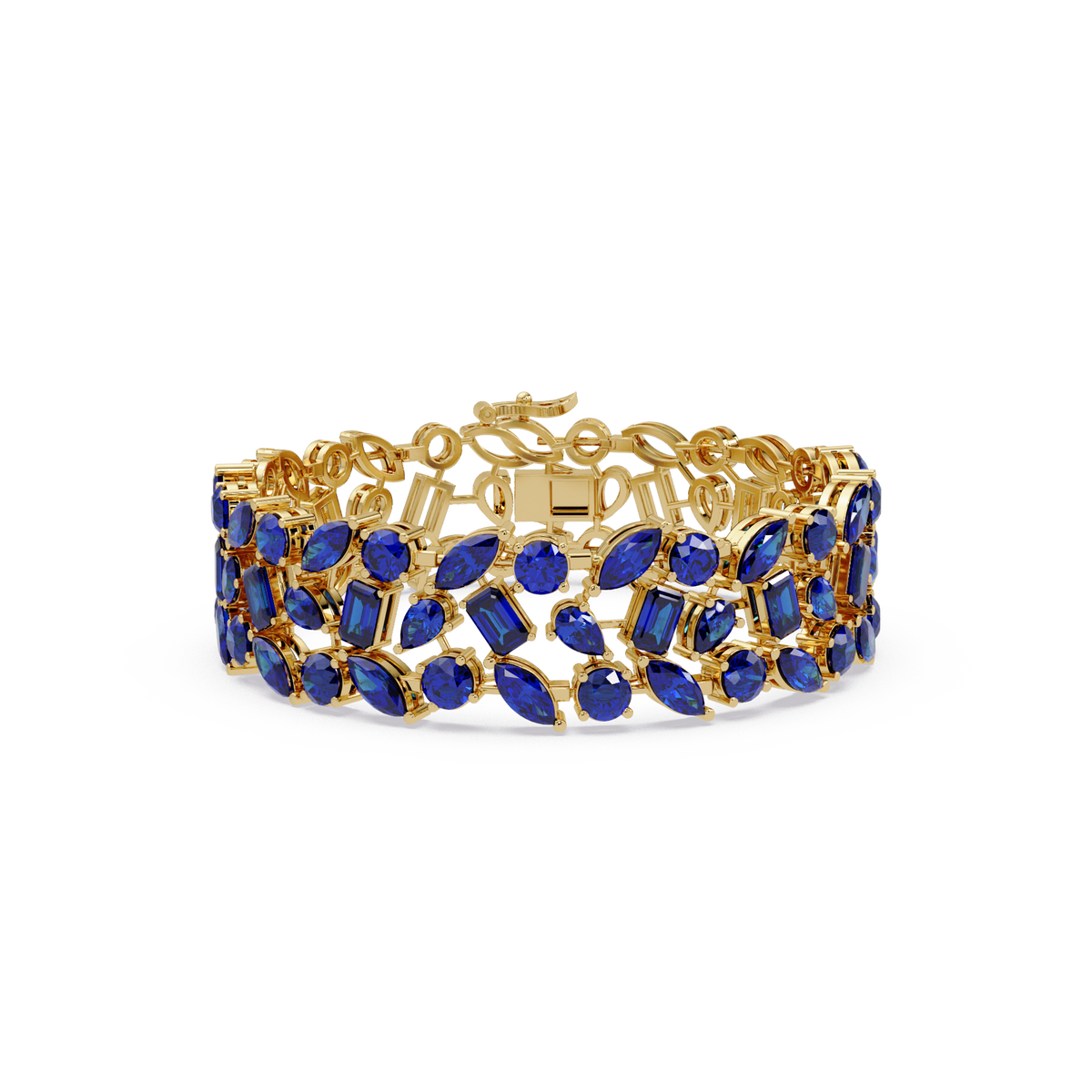 Mixed-shape sapphire blue colorstone tennis bracelet in yellow gold