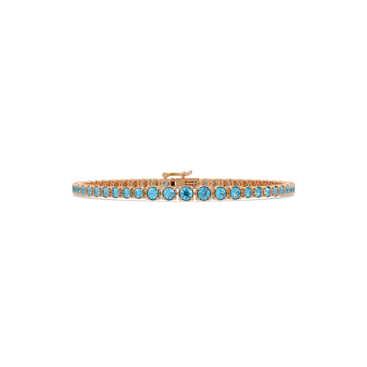 Graduated round aquamarine blue colorstone tennis bracelet in rose gold