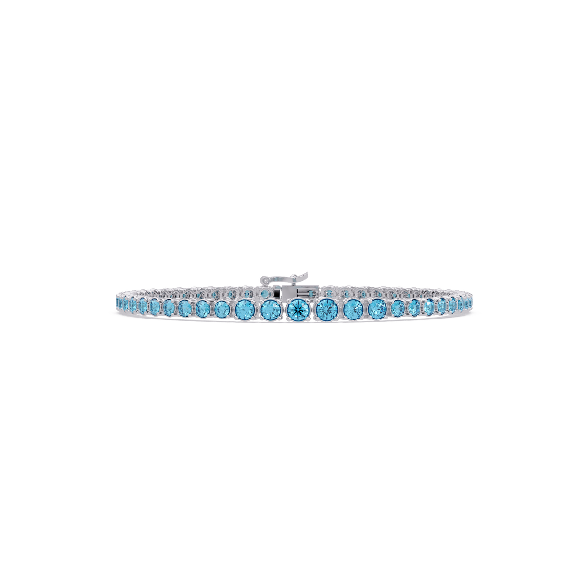 Graduated round aquamarine blue colorstone tennis bracelet in white gold