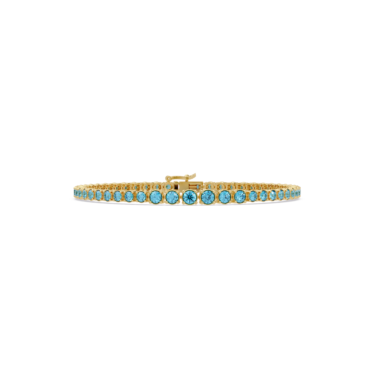Graduated round aquamarine blue colorstone tennis bracelet in yellow gold