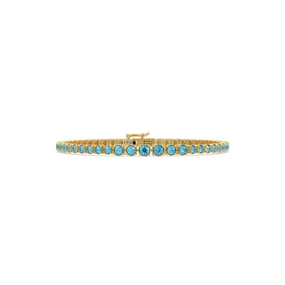 Graduated round aquamarine blue colorstone tennis bracelet in yellow gold