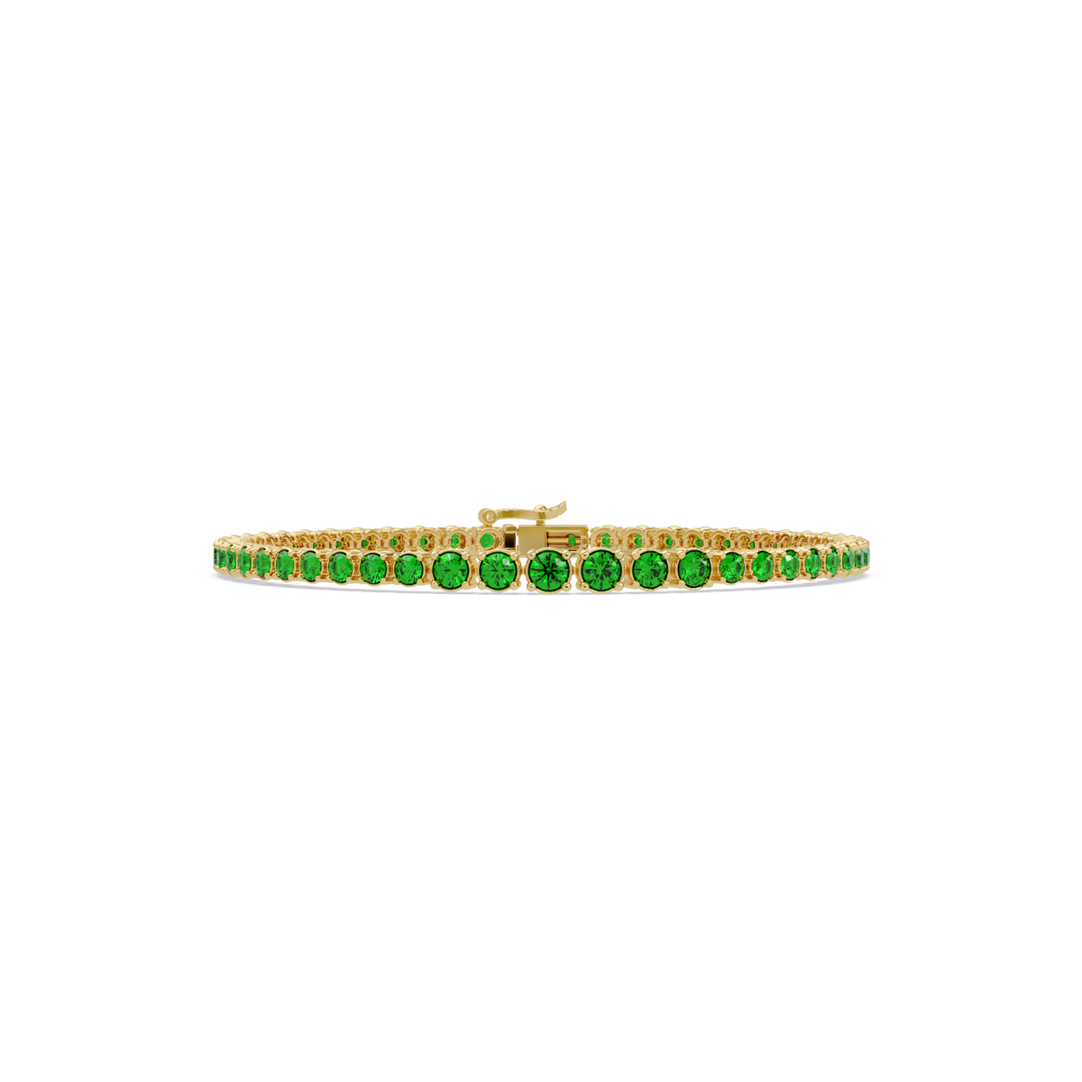 Graduated round emerald green colorstone tennis bracelet in yellow gold
