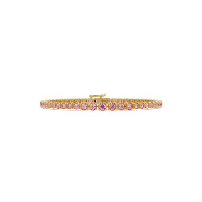 Graduated round tourmaline pink colorstone tennis bracelet in yellow gold