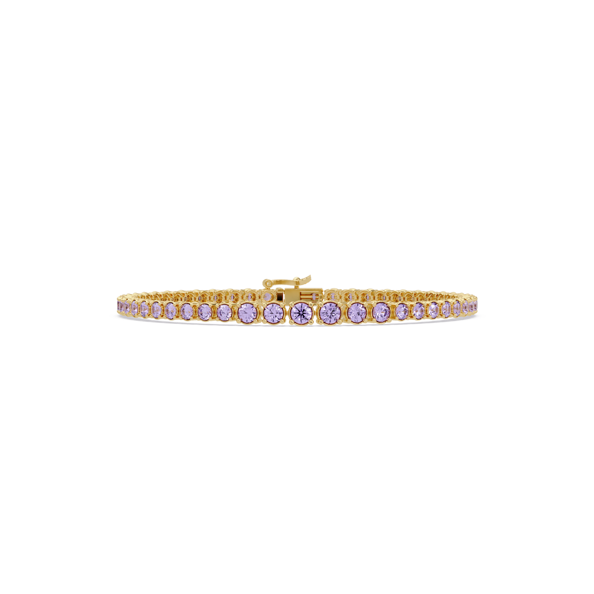 Graduated round amethyst purple colorstone tennis bracelet in yellow gold
