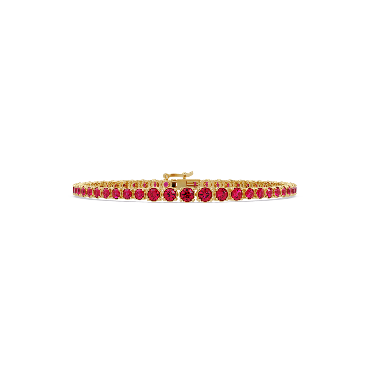 Graduated round ruby red colorstone tennis bracelet in yellow gold