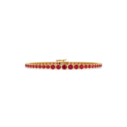 Graduated round ruby red colorstone tennis bracelet in yellow gold