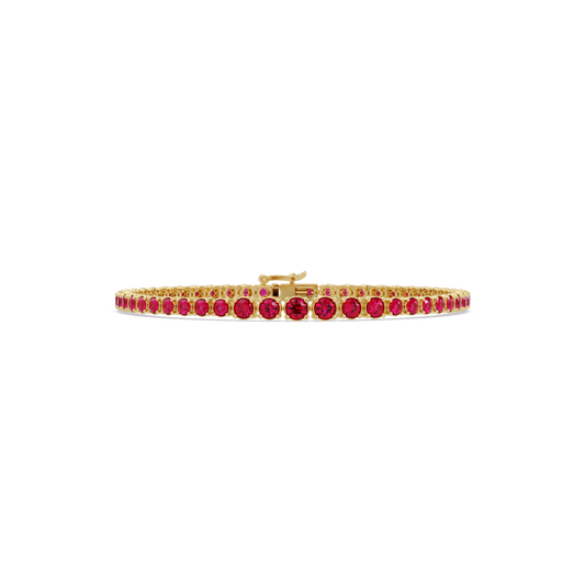 Graduated round ruby red colorstone tennis bracelet in yellow gold