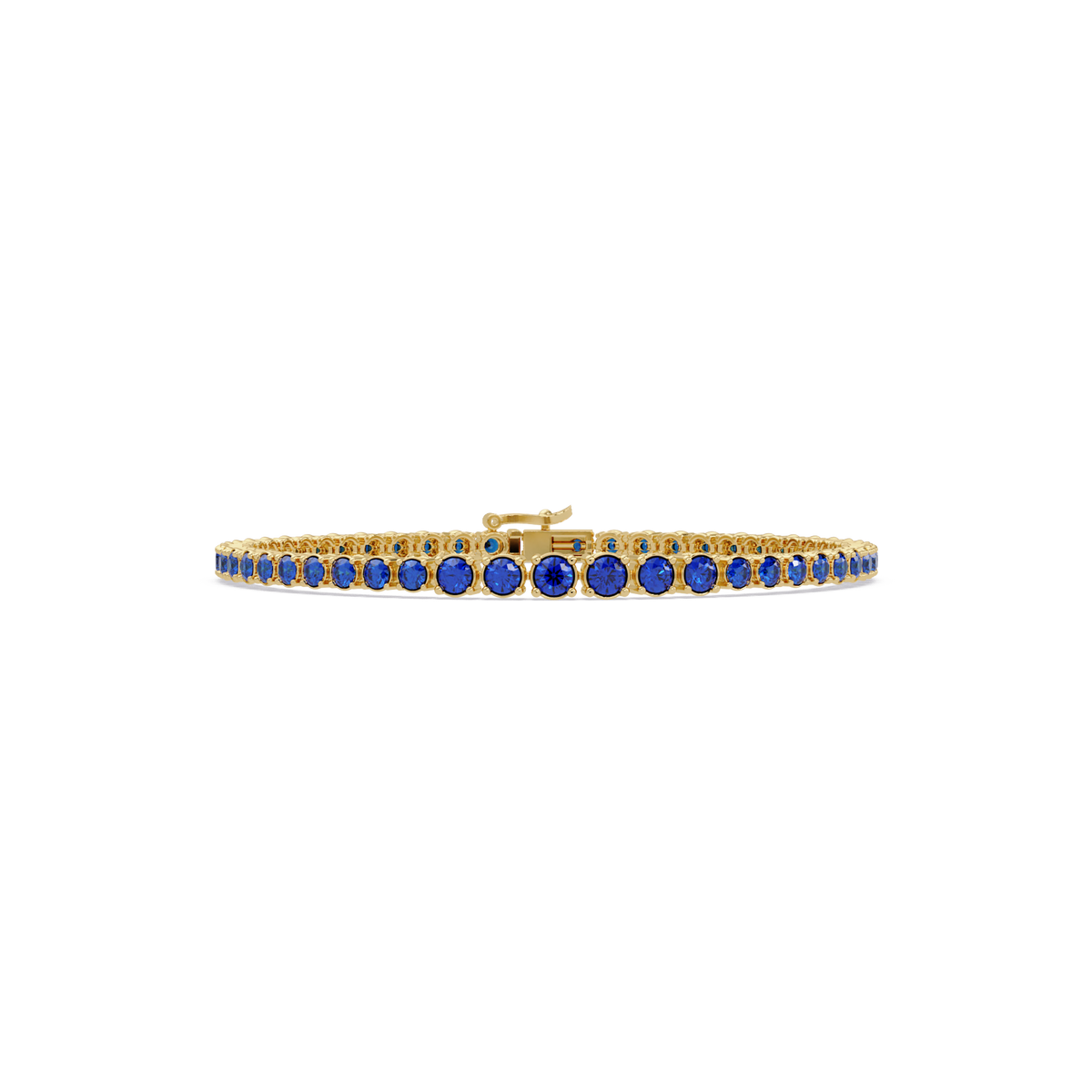 Graduated round sapphire blue colorstone tennis bracelet in yellow gold