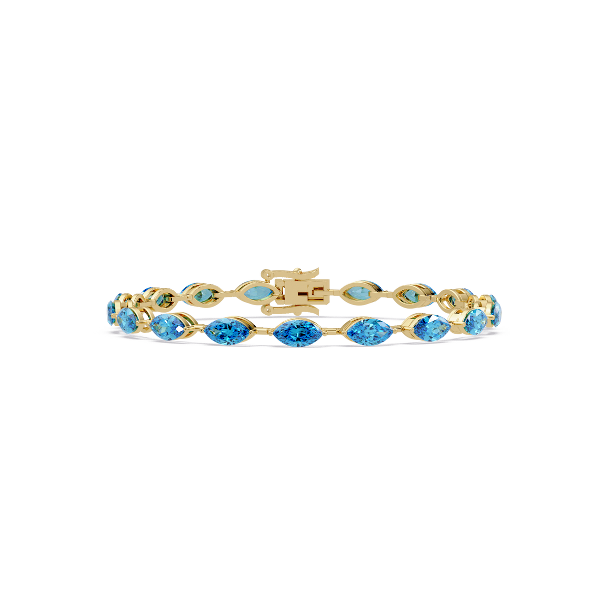 Marquise aquamarine blue colorstone tennis bracelet in yellow gold