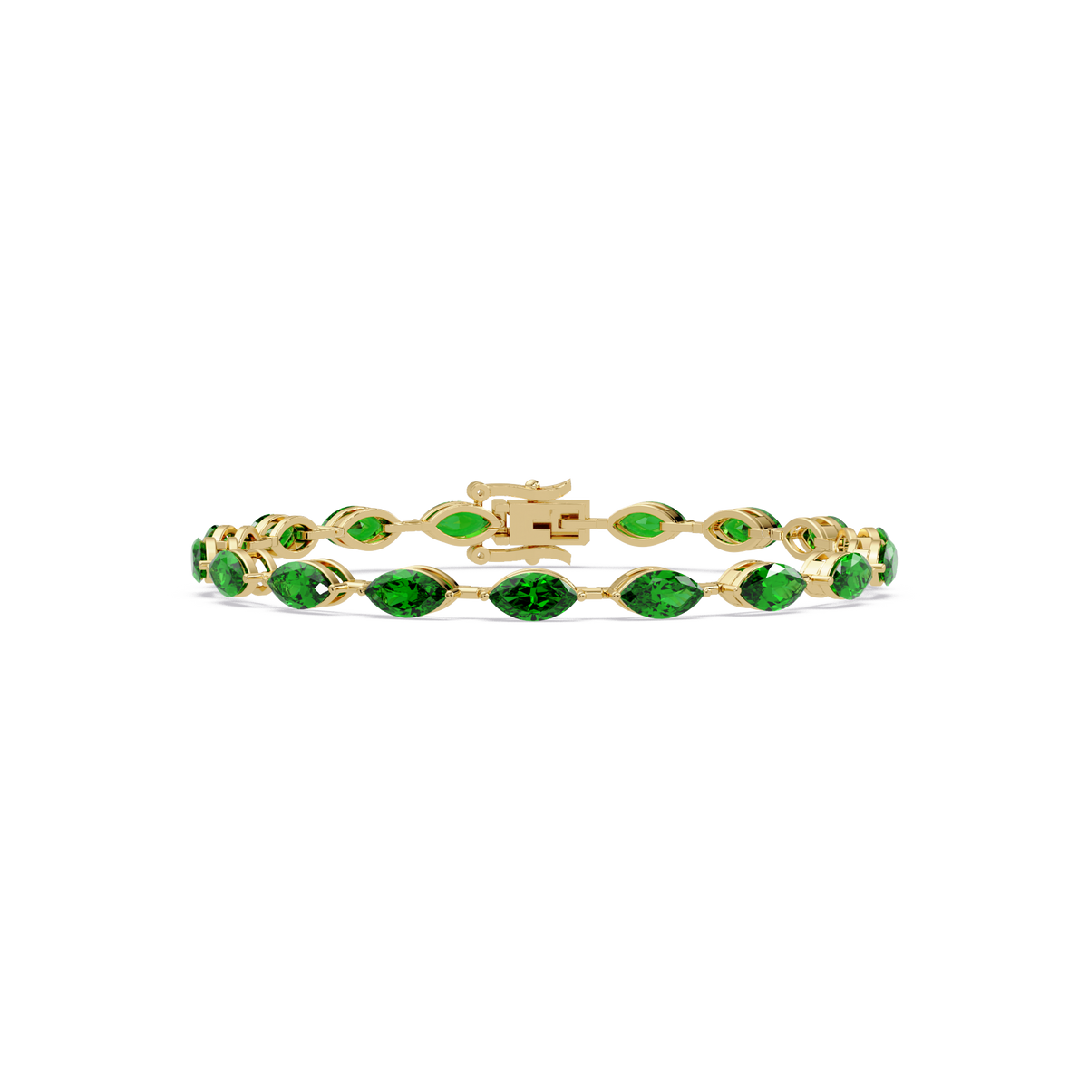 Marquise emerald green colorstone tennis bracelet in yellow gold