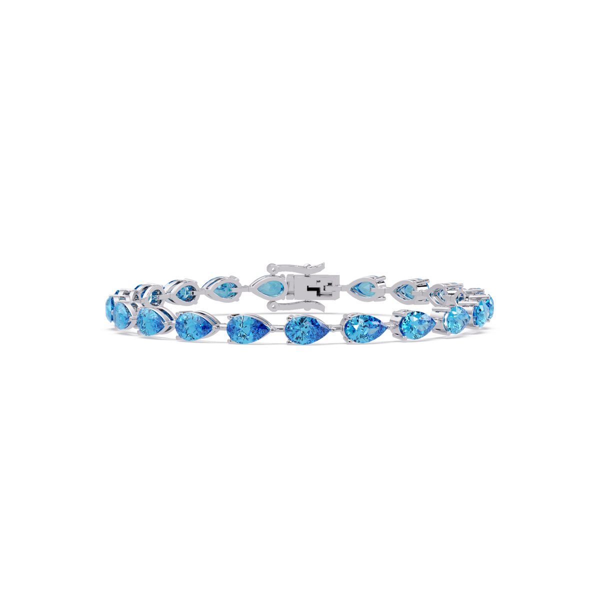 Pear-cut aquamarine blue colorstone tennis bracelet in white gold