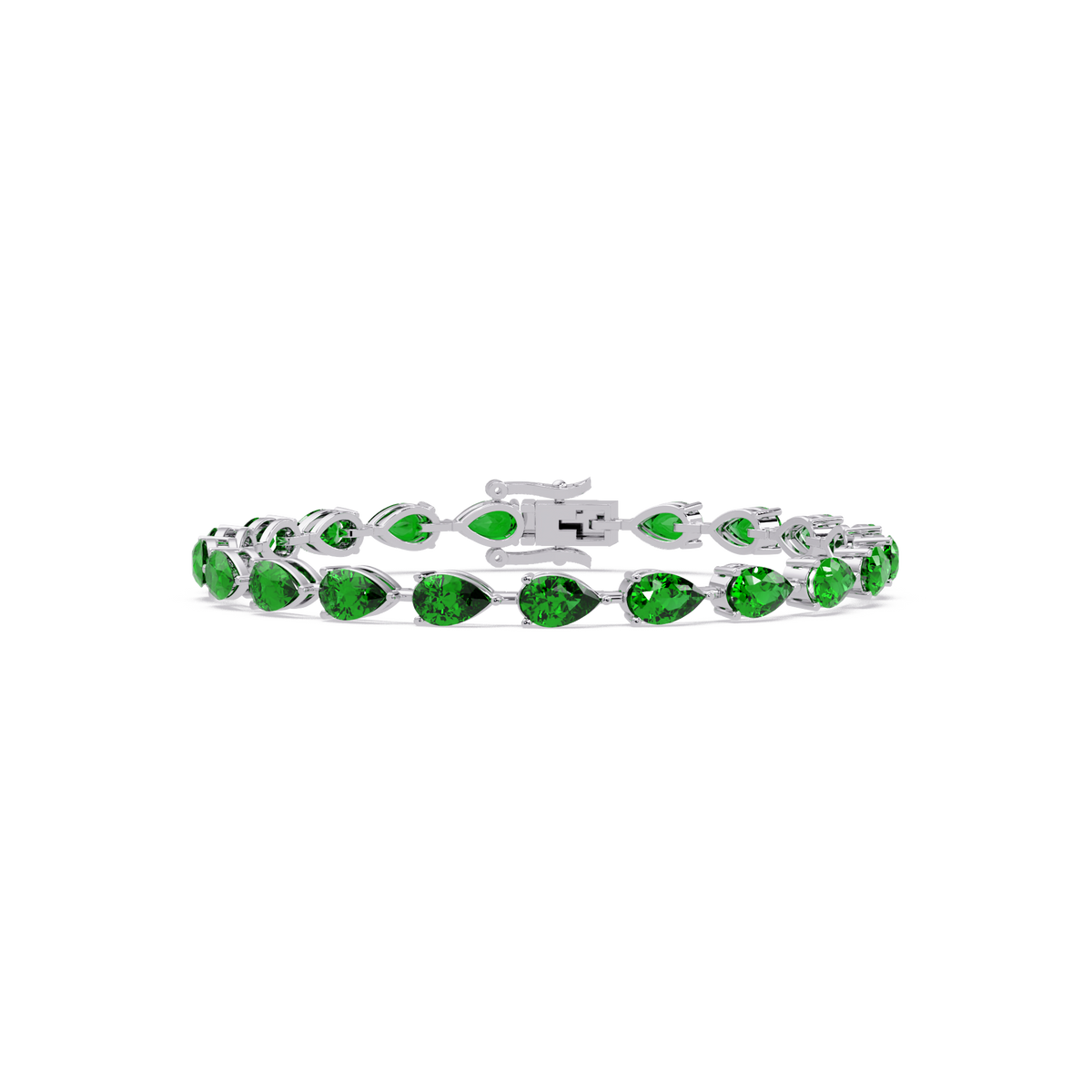 Pear-cut emerald green colorstone tennis bracelet in white gold