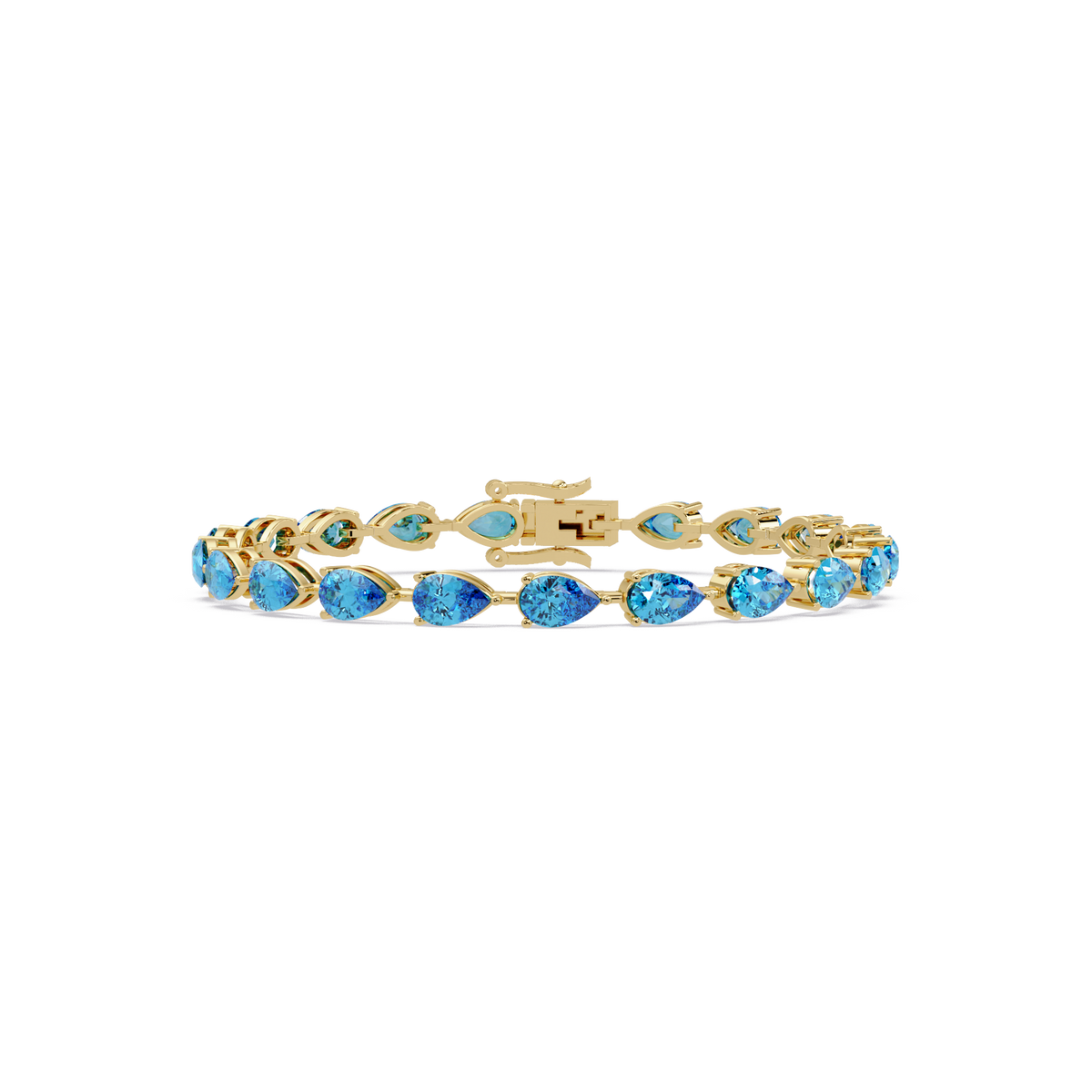 Pear-cut aquamarine blue colorstone tennis bracelet in yellow gold