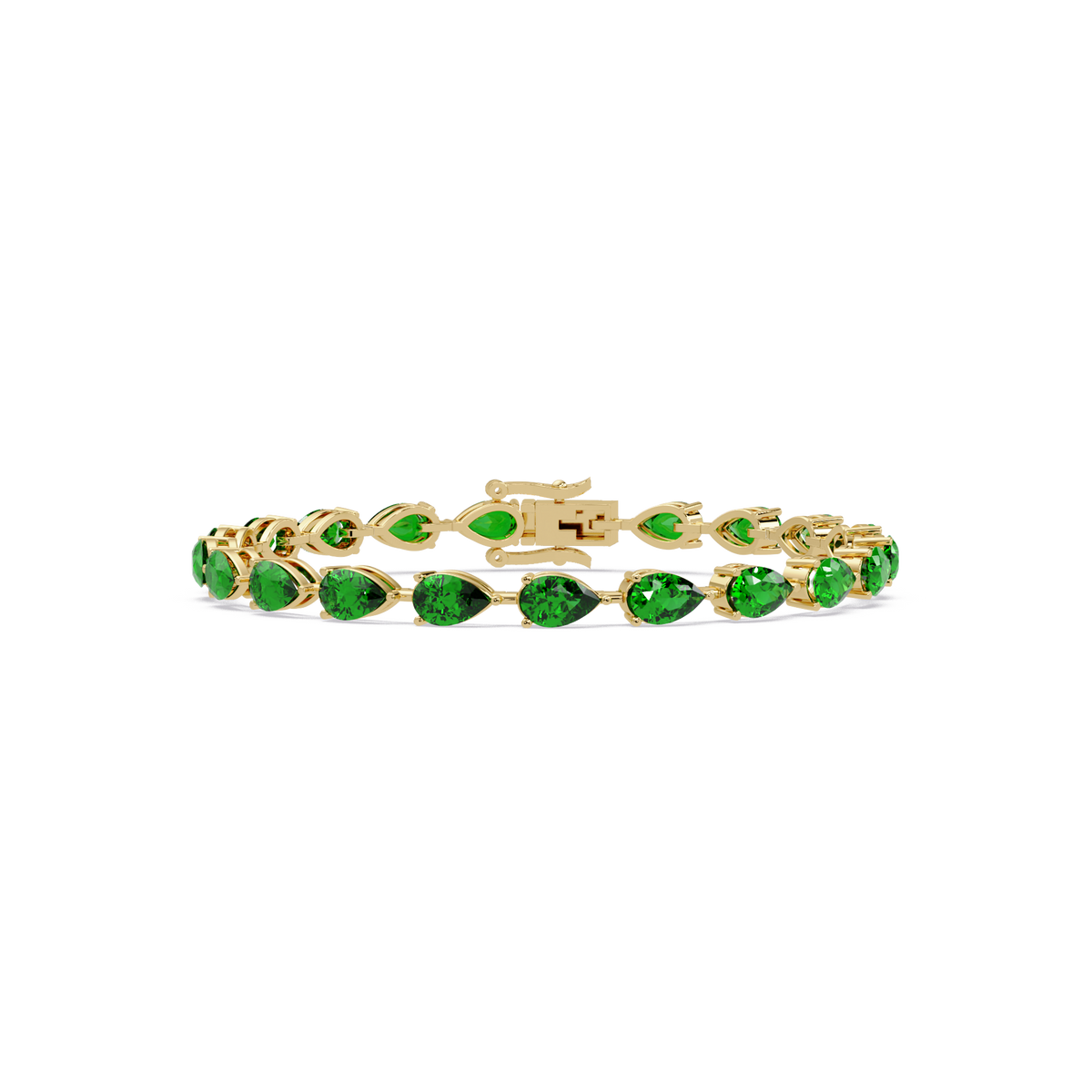Pear-cut emerald green colorstone tennis bracelet in yellow gold