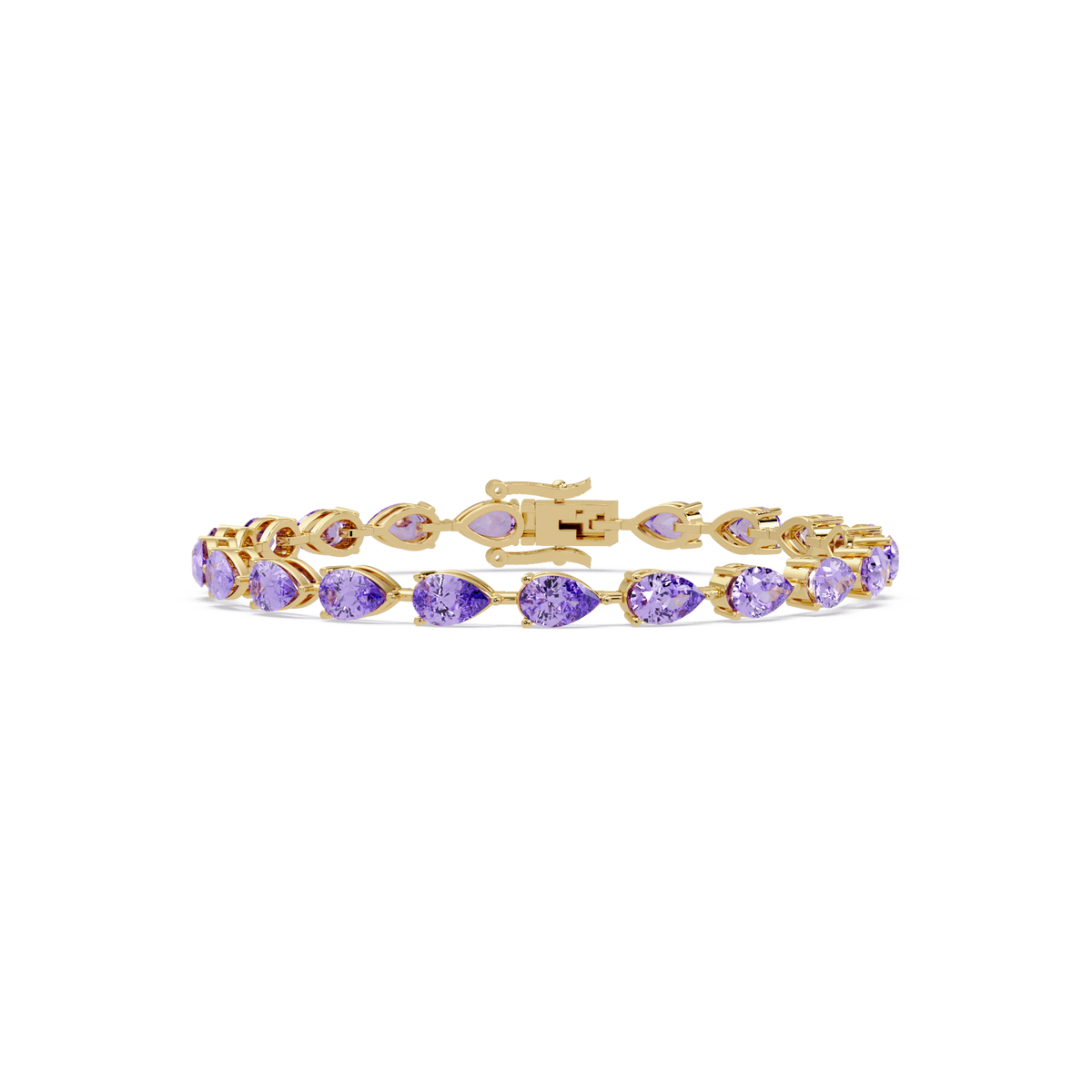 Pear-cut amethyst purple colorstone tennis bracelet in yellow gold