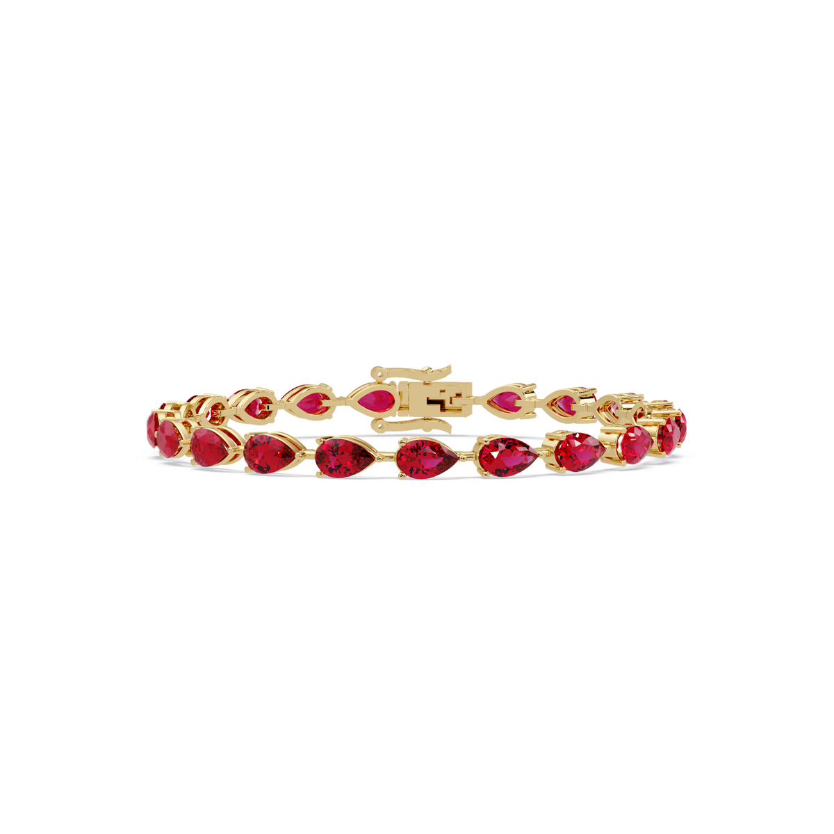 Pear-cut ruby red colorstone tennis bracelet in yellow gold