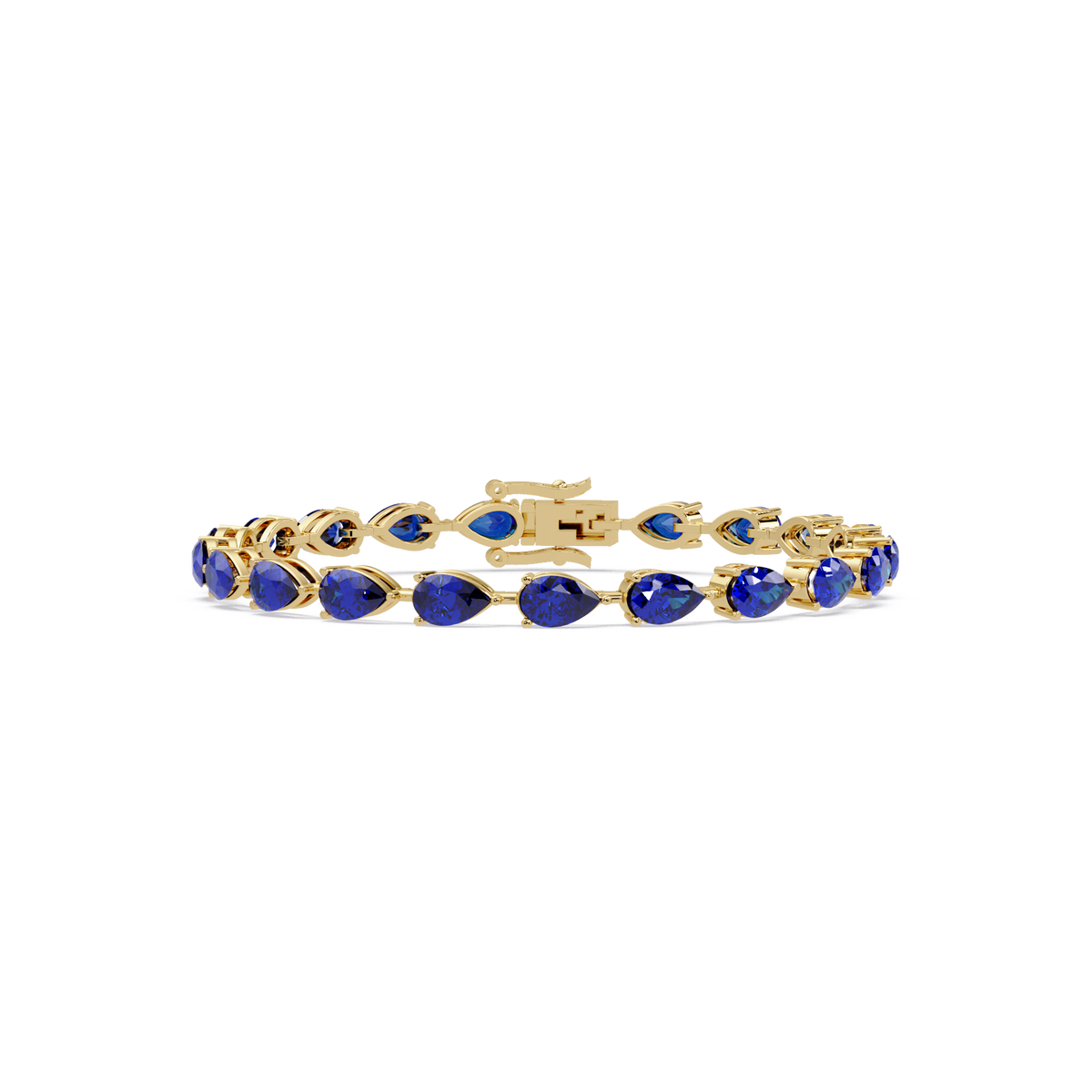 Pear-cut sapphire blue colorstone tennis bracelet in yellow gold