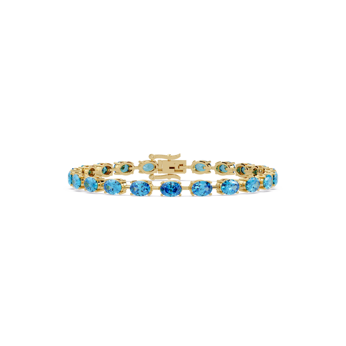 Oval-cut aquamarine blue colorstone tennis bracelet in yellow gold