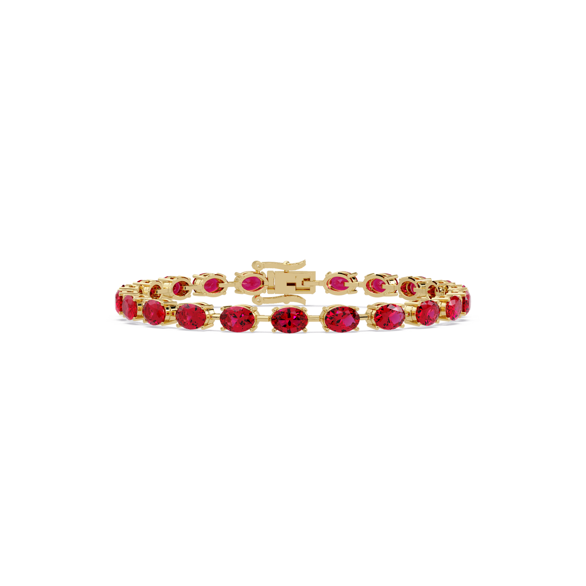 Oval-cut ruby red colorstone tennis bracelet in yellow gold
