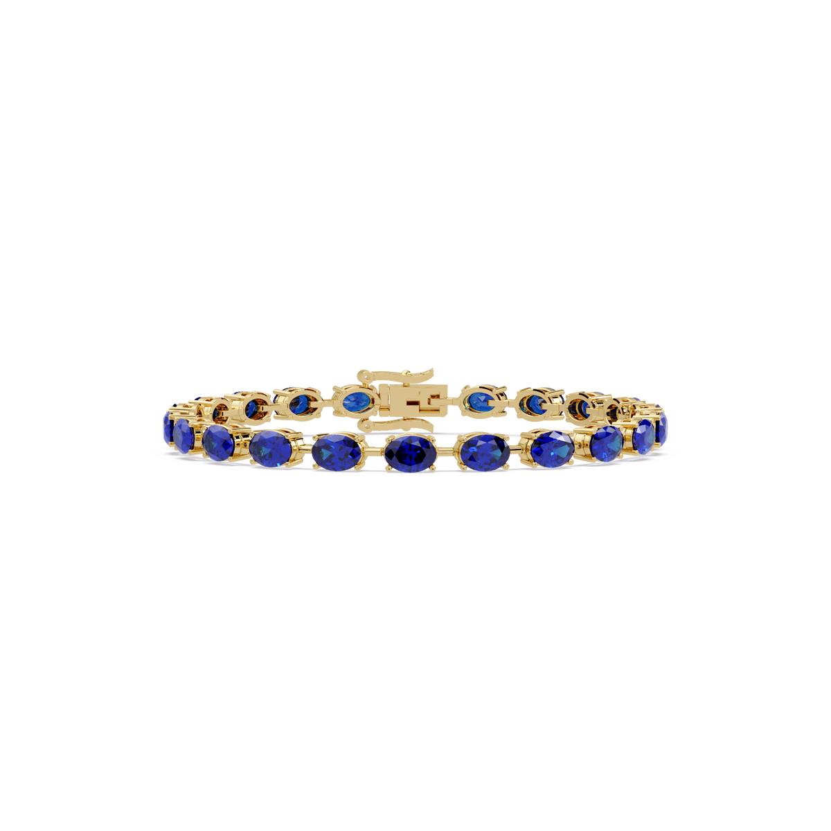 Oval-cut sapphire blue colorstone tennis bracelet in yellow gold