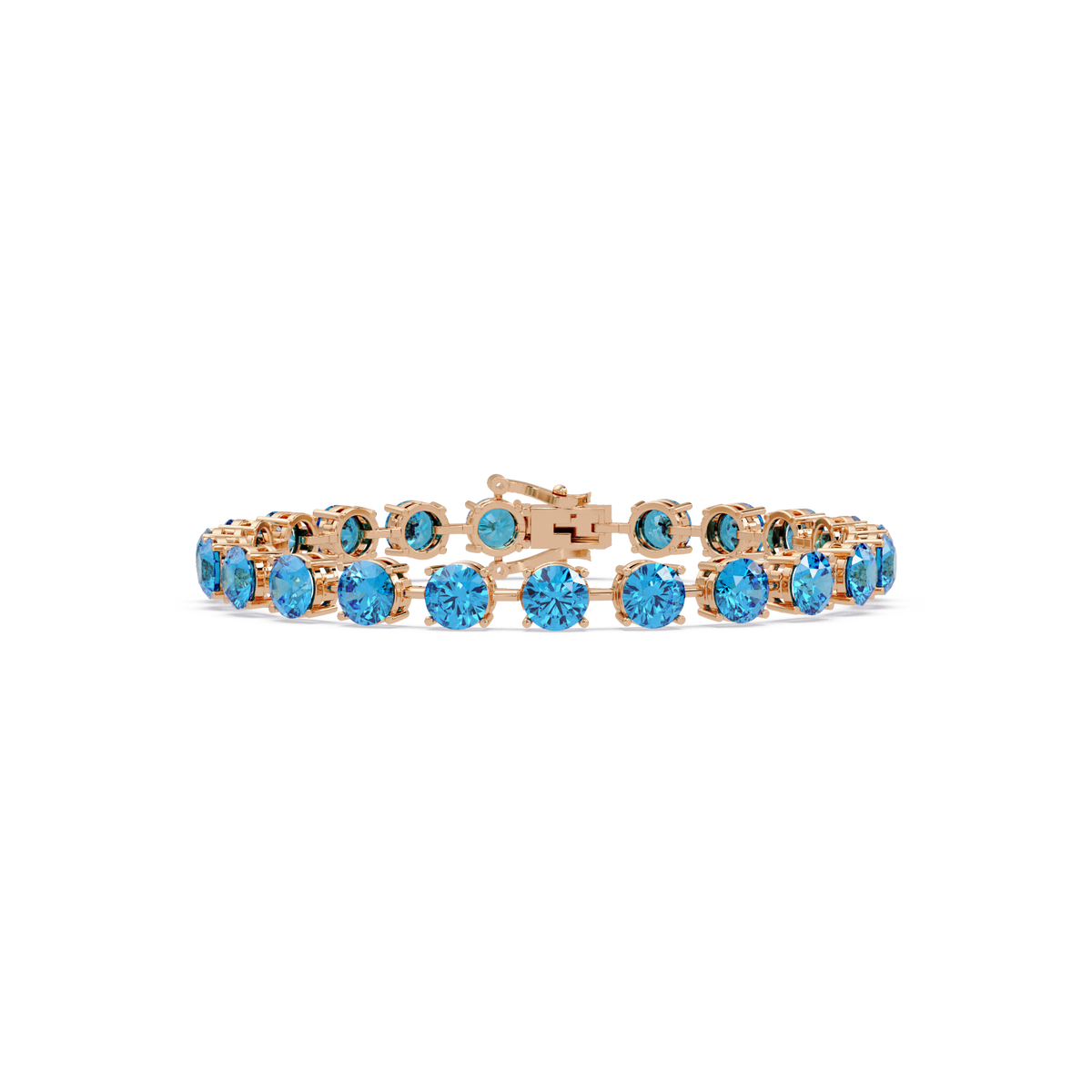 Round aquamarine blue colorstone tennis bracelet in rose gold