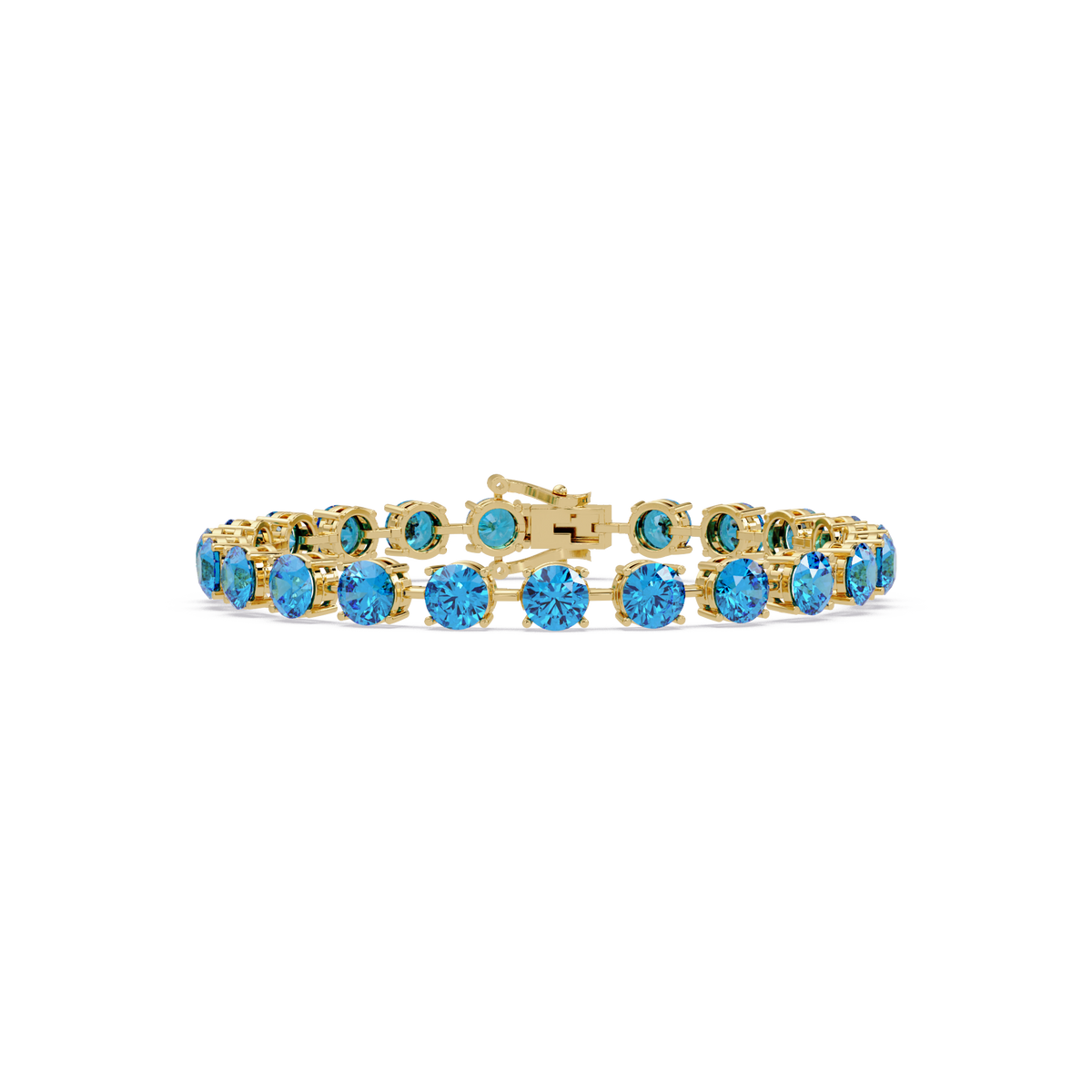 Round aquamarine blue colorstone tennis bracelet in yellow gold