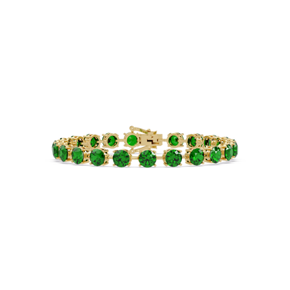 Round emerald green colorstone tennis bracelet in yellow gold