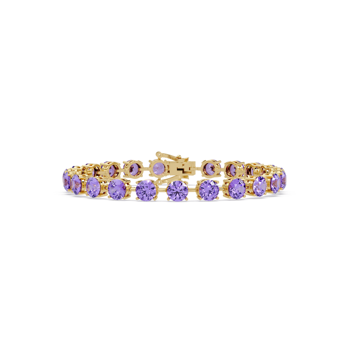 Round amethyst purple colorstone tennis bracelet in yellow gold