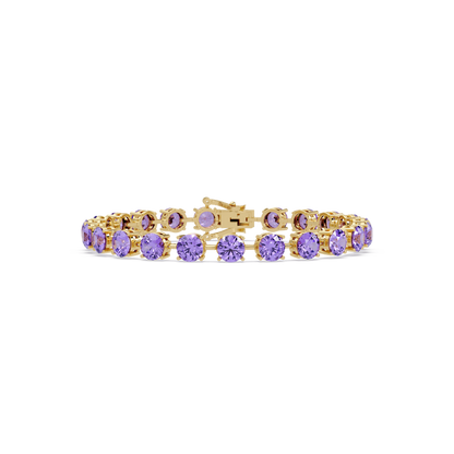 Round amethyst purple colorstone tennis bracelet in yellow gold