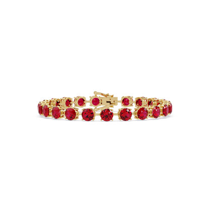 Round ruby red colorstone tennis bracelet in yellow gold