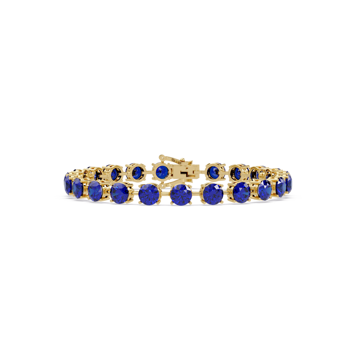 Round sapphire blue colorstone tennis bracelet in yellow gold