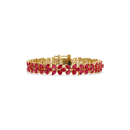 Mixed-shape ruby red colorstone tennis bracelet in yellow gold