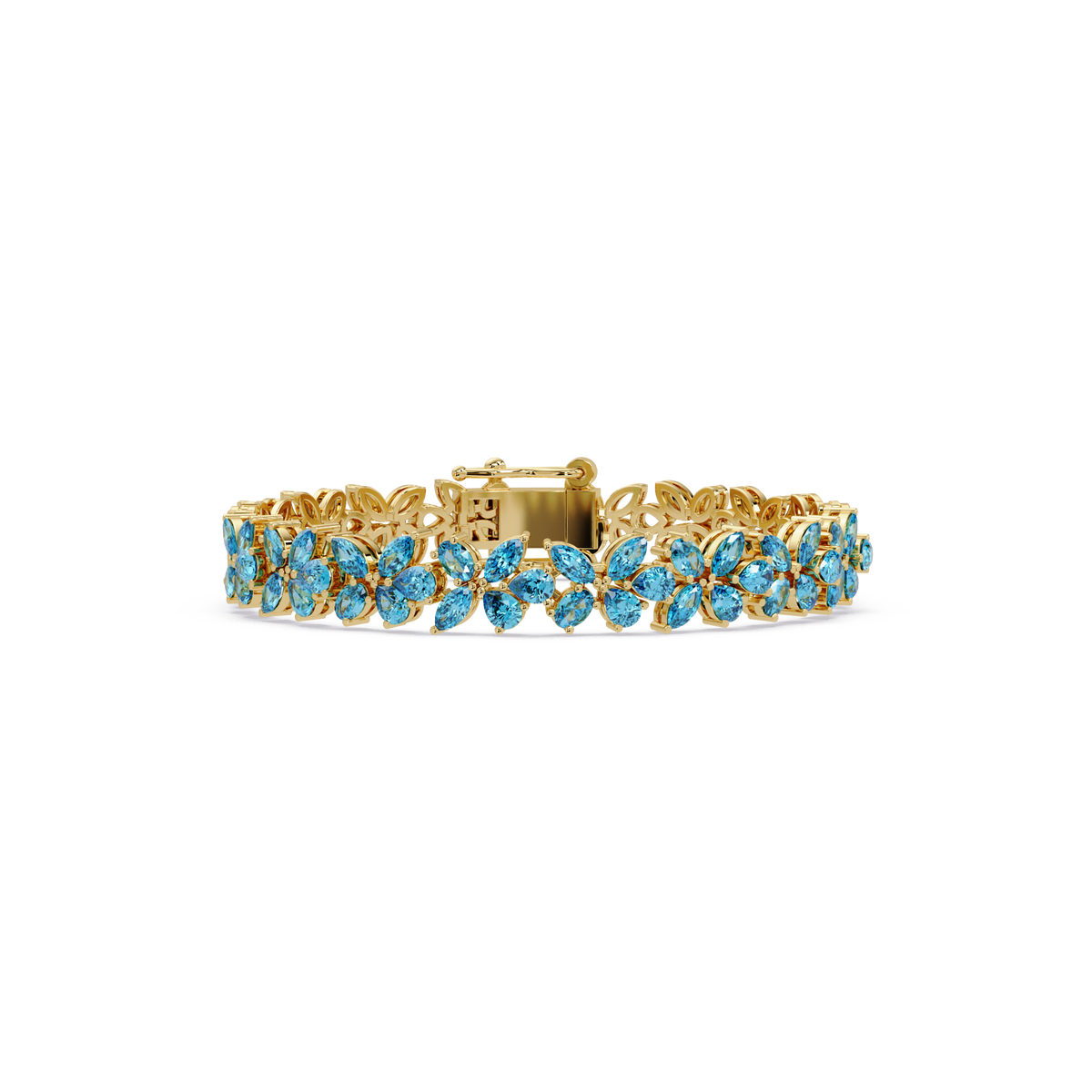 Mixed-shape aquamarine blue colorstone tennis bracelet in yellow gold